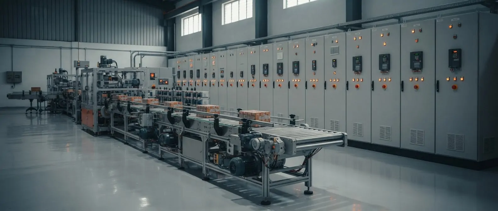 Automated production line with a wall of control panels
