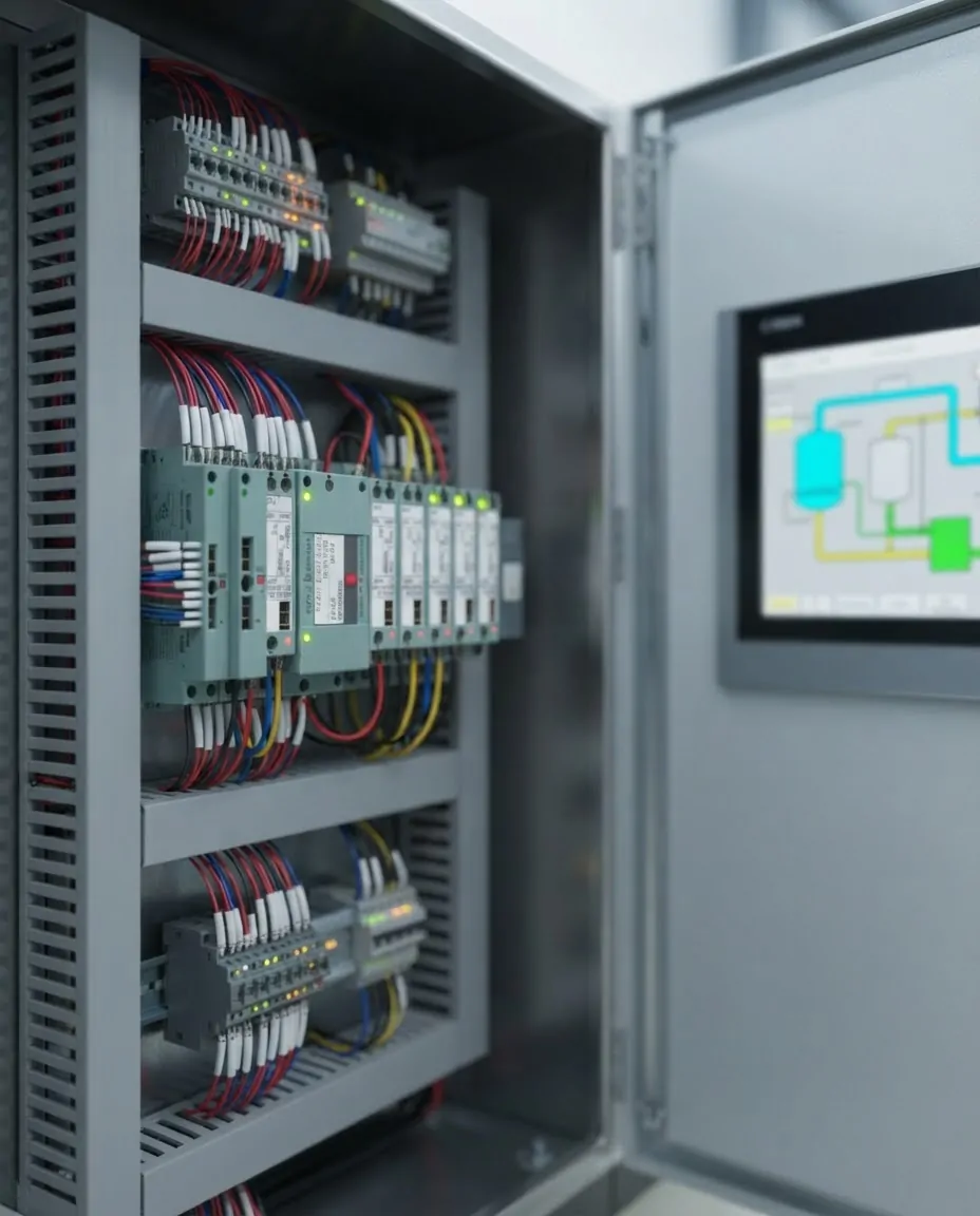 PLC rack and HMI inside an industrial control panel