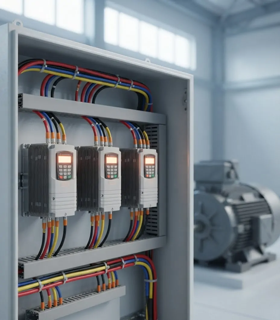 Variable frequency drives mounted in a panel with a motor behind