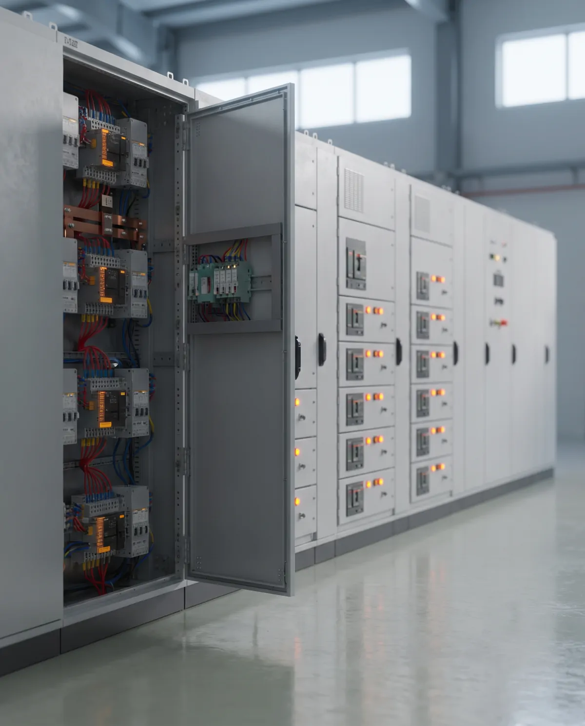 MCC and PCC panel lineup with an open section showing busbars
