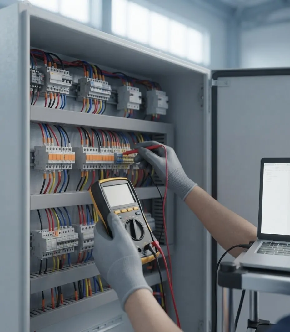 Engineer testing panel terminals with a multimeter