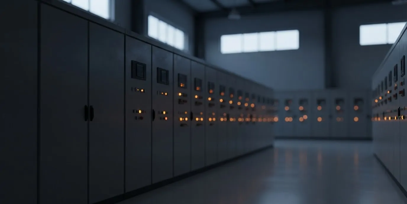 Electrical panel room with glowing indicator lamps