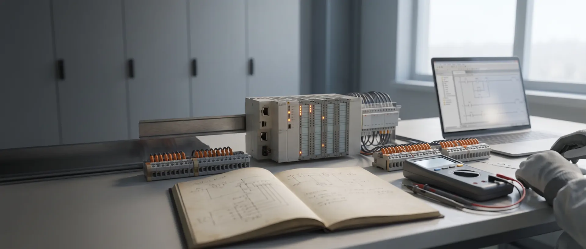 Engineer's workbench with PLC module and wiring sketch