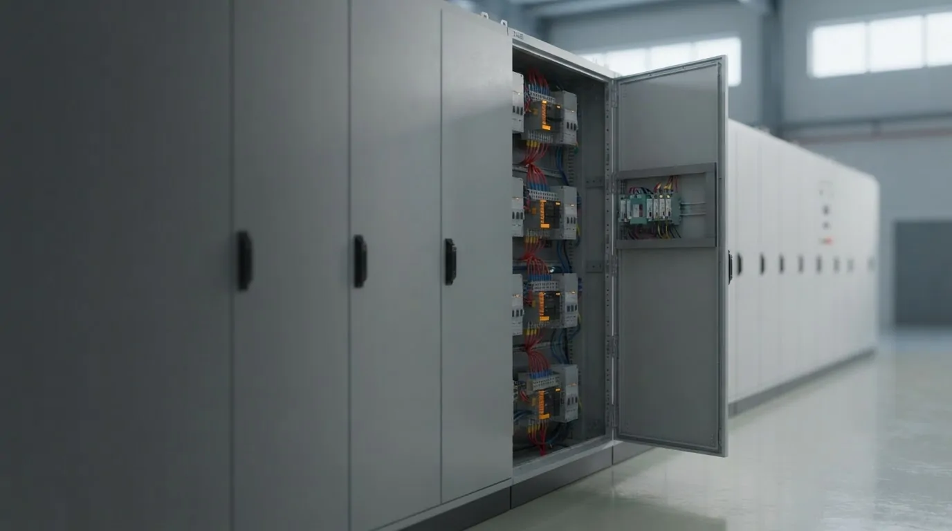 Row of industrial control panels with an open PLC cabinet