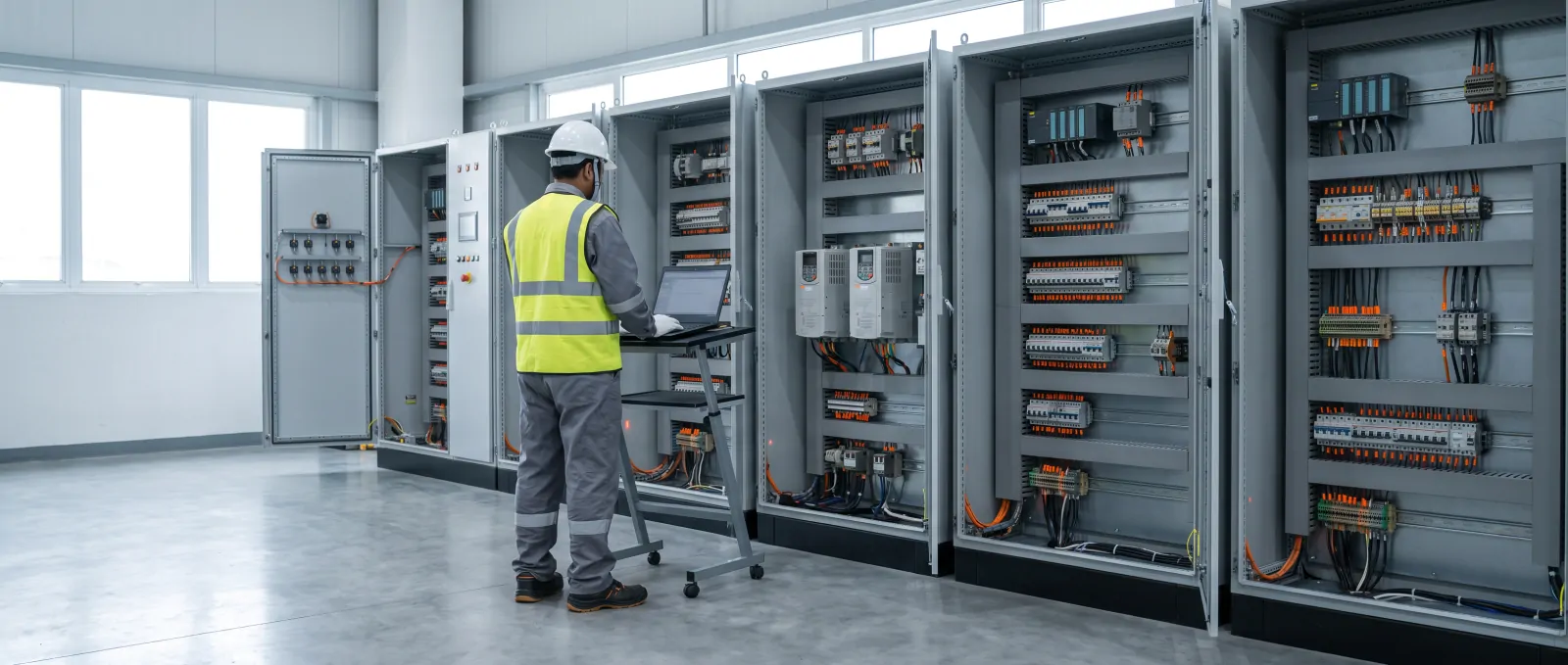 Engineer commissioning VFD and PLC panels