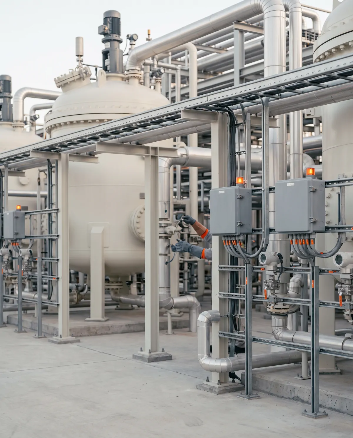 Chemical plant with reactors, pipe racks and field instruments