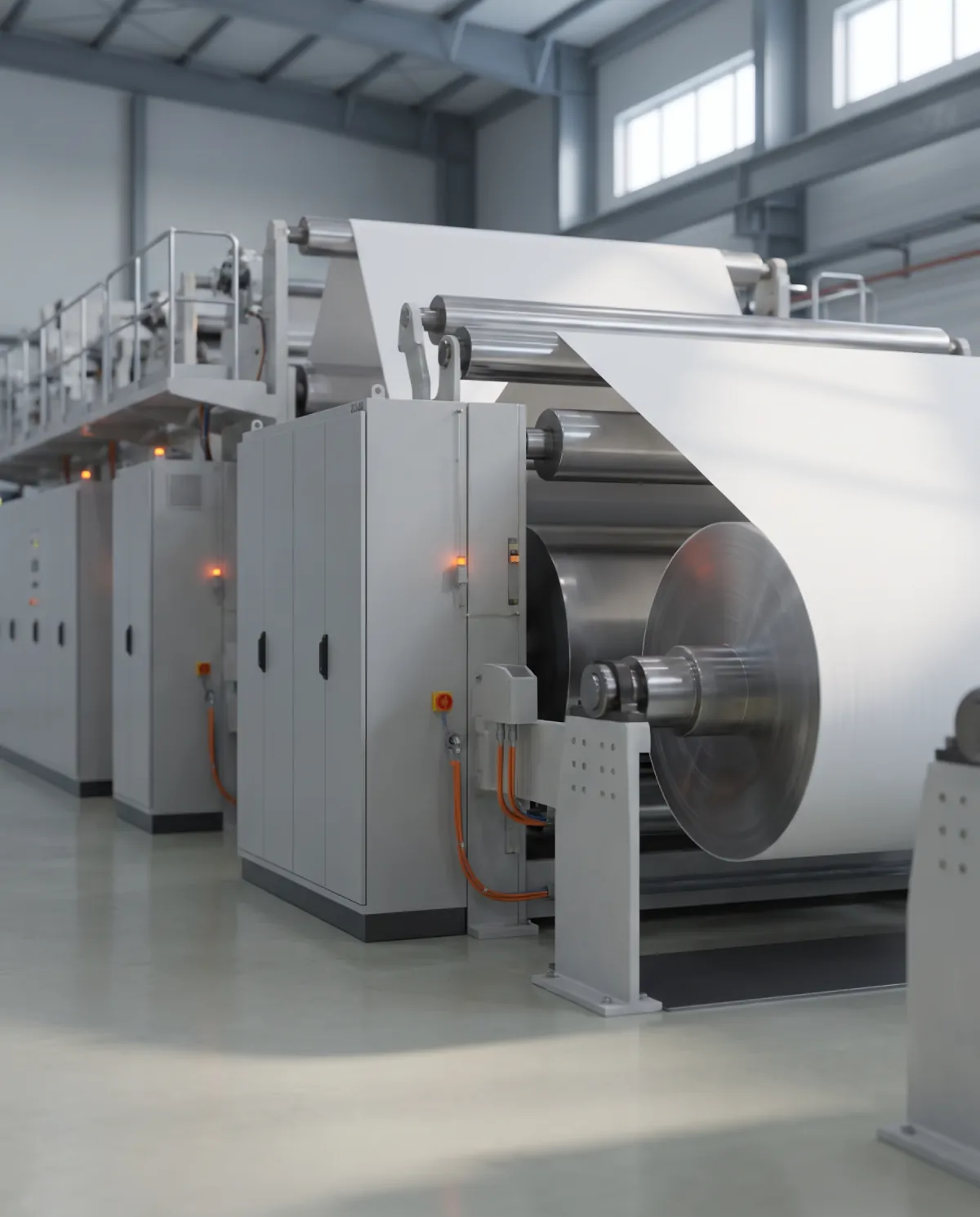 Paper machine with rollers and sectional drive panels