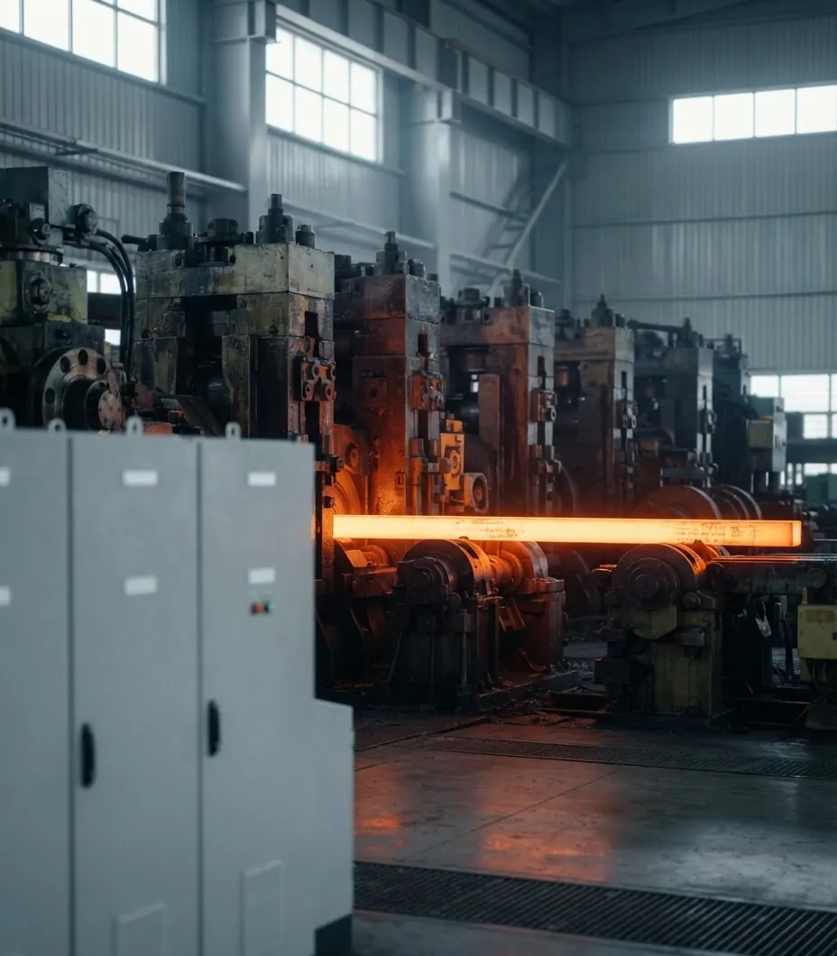 Steel rolling mill with DC drive panels in the foreground