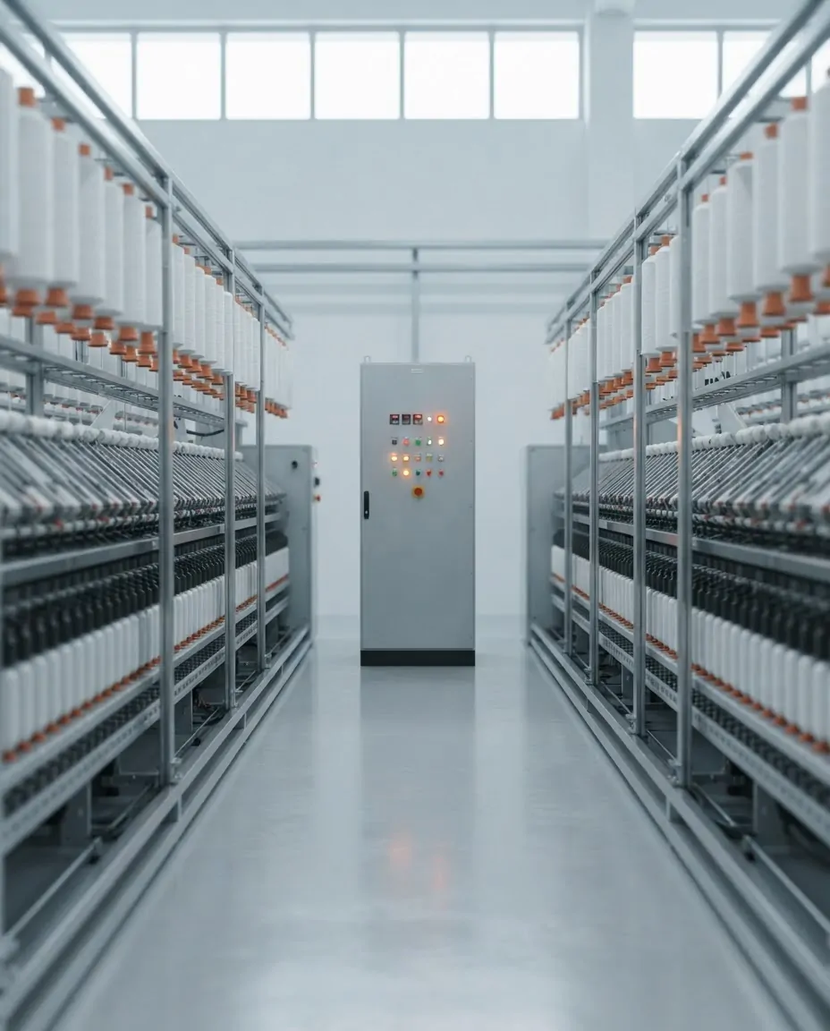 Textile spinning hall with a control panel at the end of the row