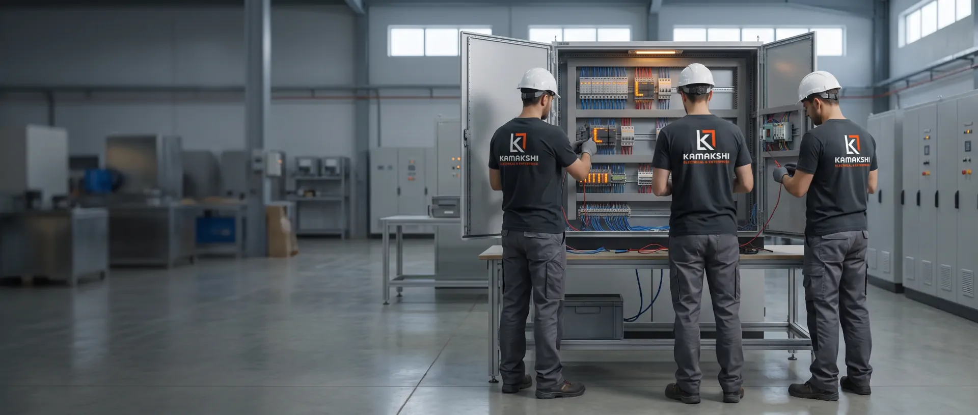 Kamakshi technicians wiring and testing a control panel in the workshop